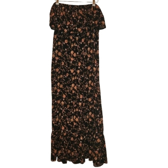 Justify Dresses & Skirts - Justify Off Shoulder Black/Tan/Pink Floral Maxi Dress Size L Elastic Neck/Ruffle